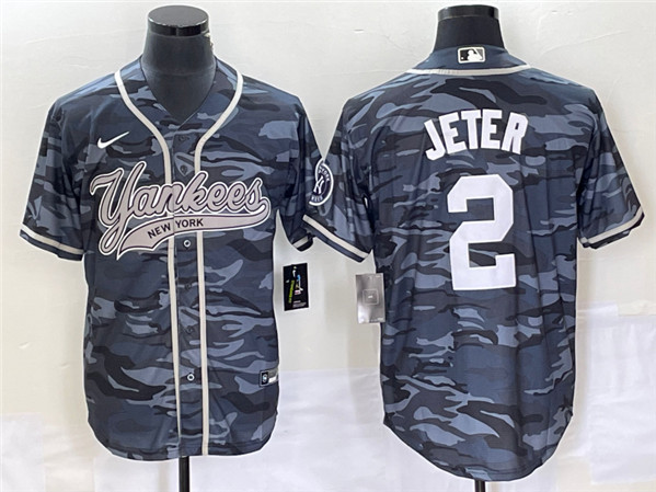 Men's New York Yankees #2 Derek Jeter Gray Camo With Patch Cool Base Stitched Baseball Jersey